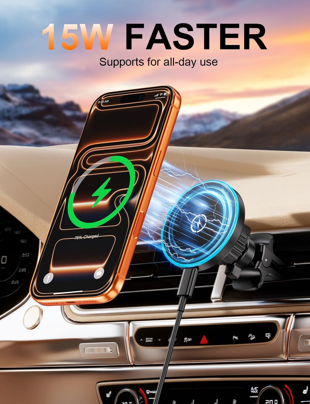 360°Mag-Safe Autohalterung, Handyhalterung Auto mit 15W Kfz-Ladefunktion