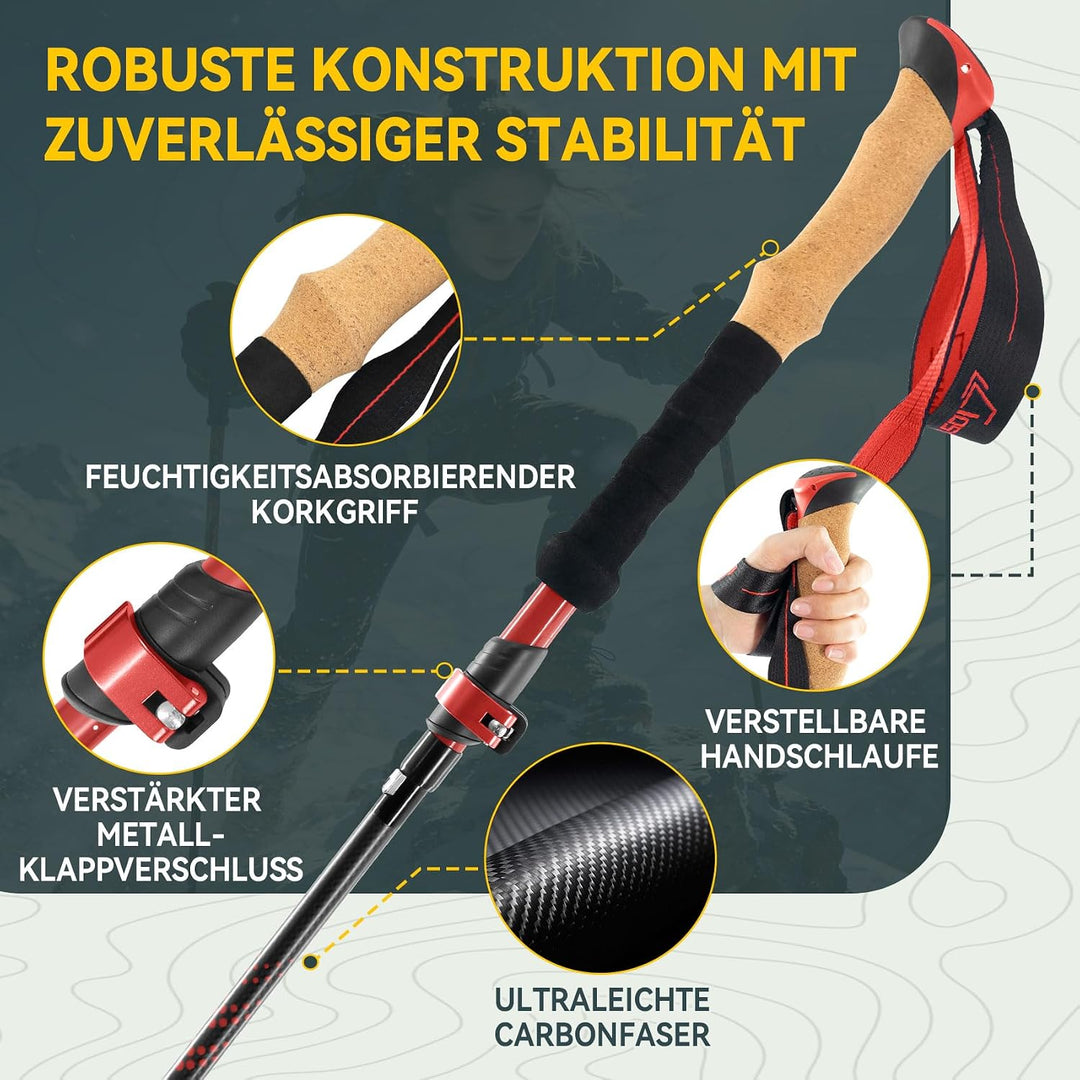 Clostnature Wanderstöcke Faltbar Carbon, Leichte Faltbare Trekkingstöcke Rot, Rot