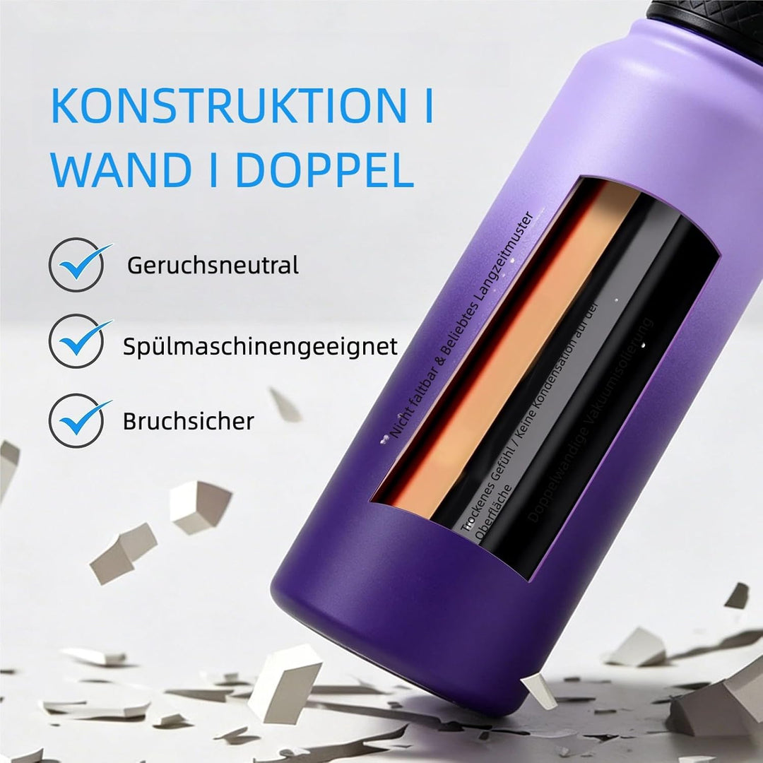 Edelstahl trinkflasche 1.2L - Isolierflasche mit Strohhalm &amp; 2 Deckeln - 100% Auslaufsicher - Reinig