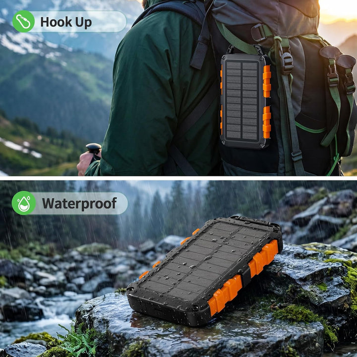 Solar Powerbank 10000mAh, 2 integrierte Kabel, USB-C PD 22.5W