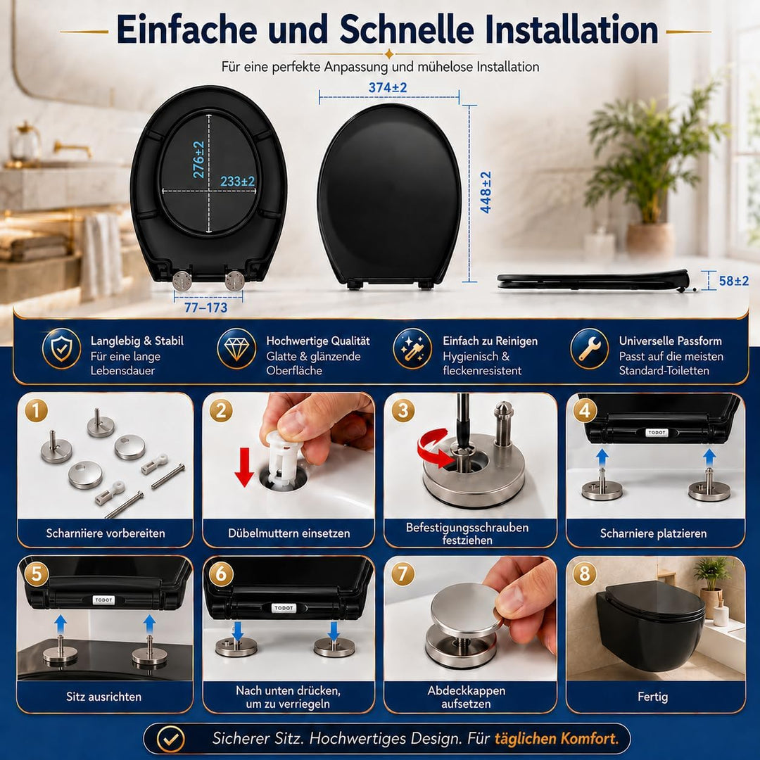 WC-Sitz, Toilettensitz mit Absenkautomatik und verstellbarem Scharnier, sanfter Verschluss, schnelle
