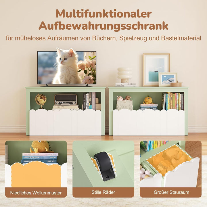 YOUDENOVA Kinderregal, Kinderzimmer Möbel mit 3 Boxen, Spielzeug Aufbewahrung auf Rollen, 102,2x33x6