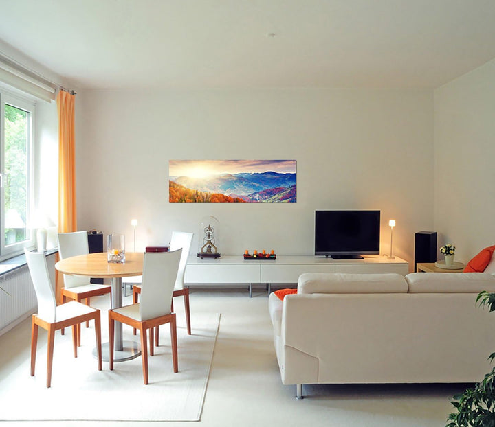Paul Sinus Art Panoramabild auf Leinwand und Keilrahmen 150x50cm Landschaft Berge Wald Herbst Sonnen