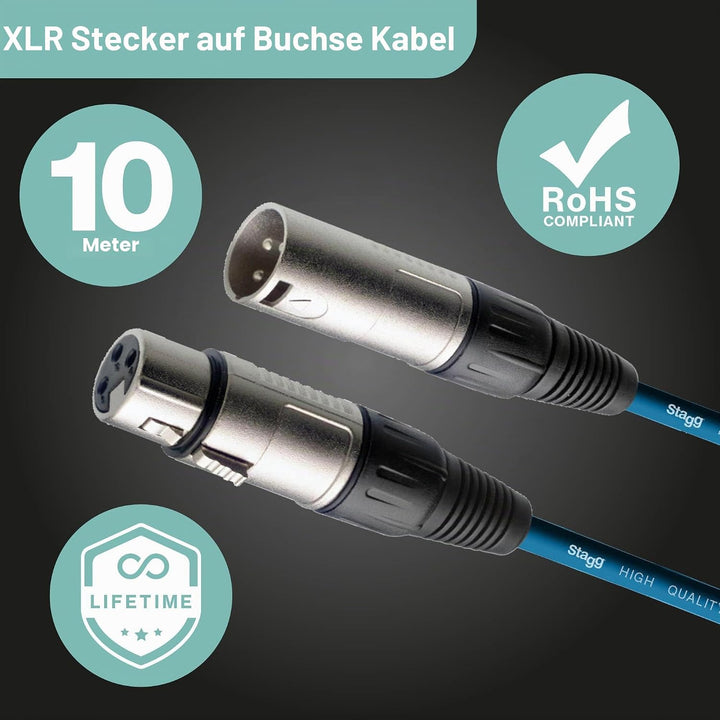 Stagg 10 m Hochwertiges XLR auf XLR-Stecker Mikrofon Kabel blau, 10m Blue 10m XLRf to XLRm, Blue 10m