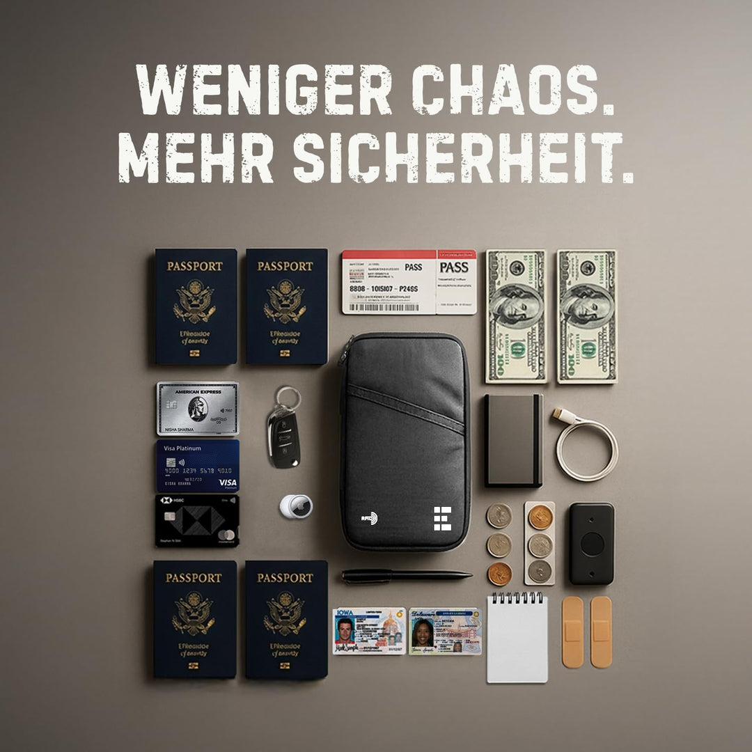 Reisepass Tasche Familien Reiseorganizer mit RFID Abschirmung - Reisedokumententasche Familie Schwar