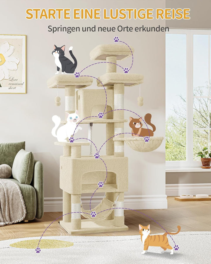 Hzuaneri Kratzbaum, 156cm Katzenbaum, L, 3 Plattformen, 2 Höhlen, 7 Kratzsäulen, Hängematte, Plüschb