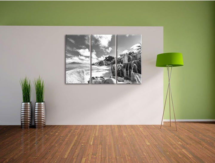 Pixxprint Seychellen Strand Kunst B&amp;W 3-Teiler Leinwandbild 120x80 Bild auf Leinwand, riesige Bilder