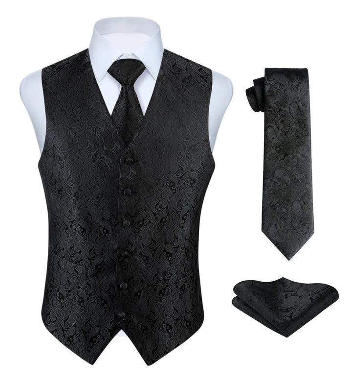 Hisdern Manner Paisley Floral Jacquard Weste &amp; Krawatte und Einstecktuch Weste Anzug Set, Black-2, G