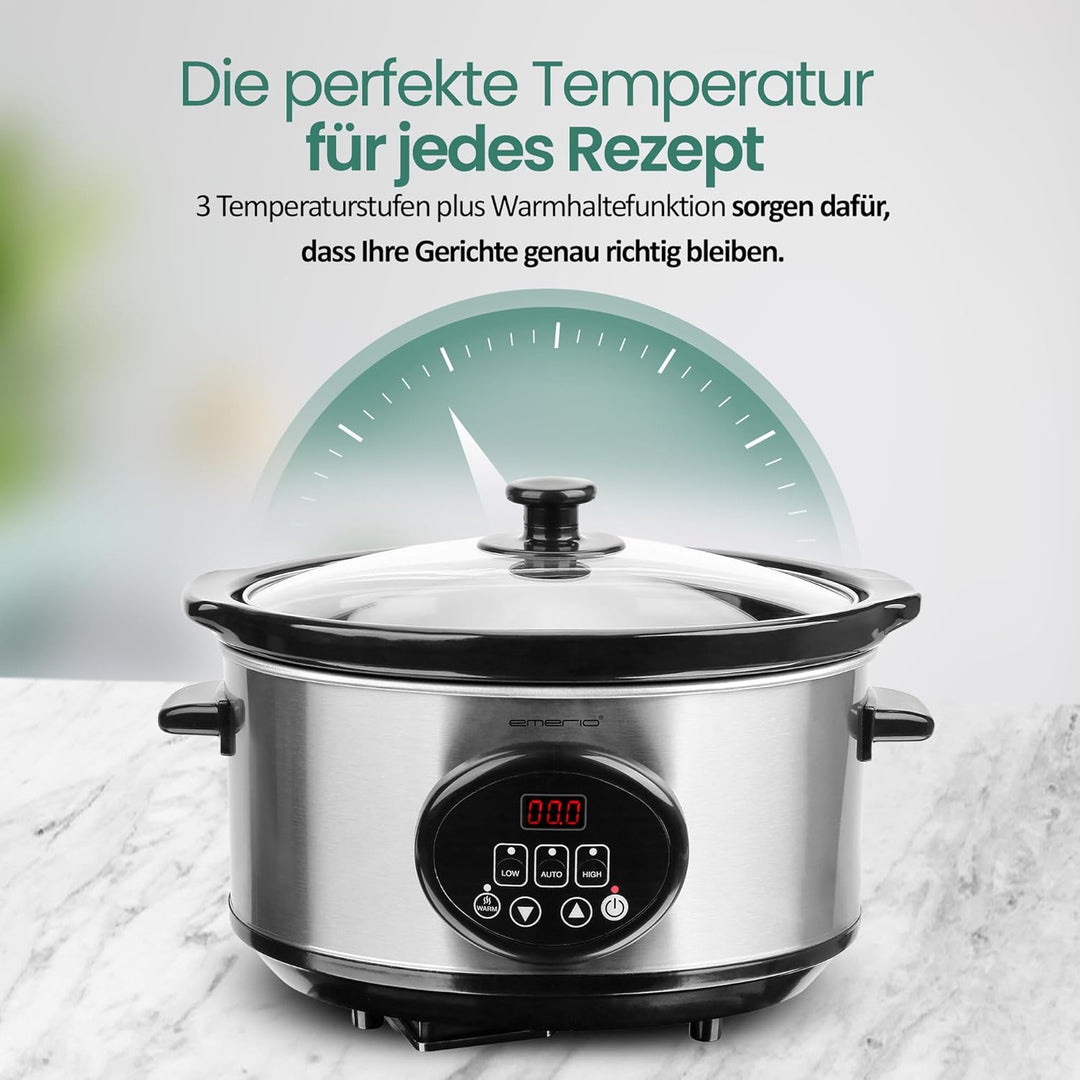 EMERIO Schongarer - Slow Cooker | 3,5L Innentopf aus Keramik (entnehmbar) | 3 Temperaturstufen | Dis