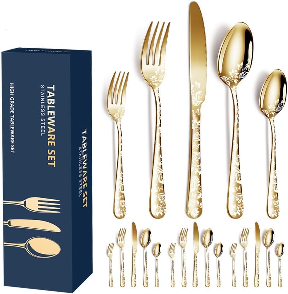 Aoresac Besteck-Set für 4 Personen, 20 Stück, aus Edelstahl, poliertes Muster, mit Blumenspiegel, in