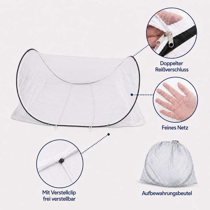 Moskitonetz Bett Pop Up mit Boden und Reissverschluss, verstellbar 90x200cm