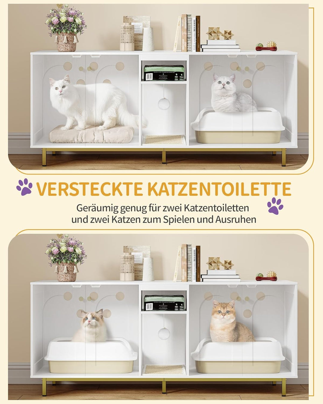 Hzuaneri Katzenschrank für 2 Katzen, Katzenklo Schrank, Katzenhaus Versteckt mit Doppelräumen, Mit S