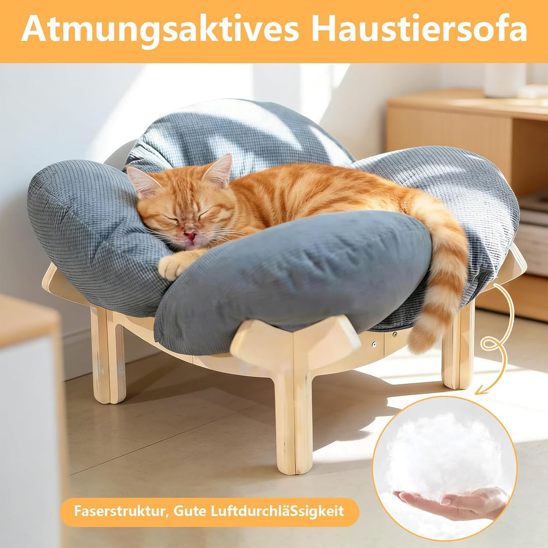 Erhöhtes Katzenbett aus Holz, Flauschiges Katzensofa in Blumenform, Katzenkissen mit waschbarem &amp; Ho
