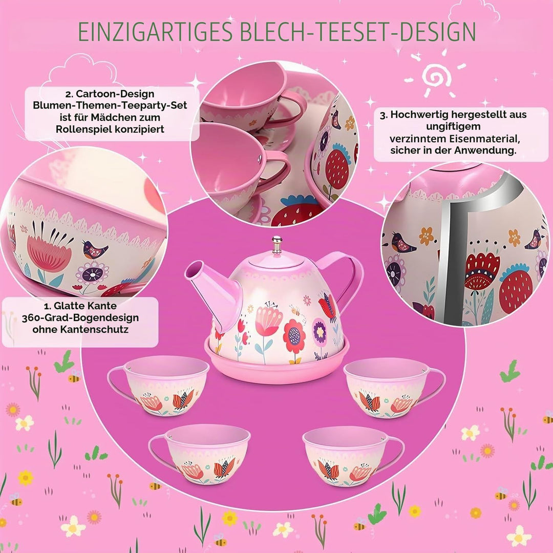 Teeservice Kinder, 46 Teile Puppengeschirr Kinderküche Tin Teekanne Set, Spielküche Zubehör für Kind