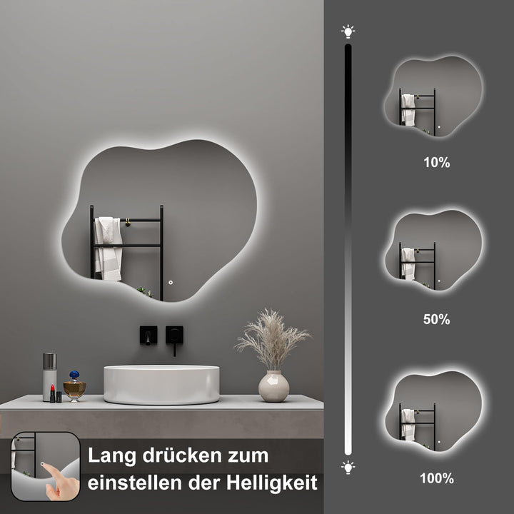 Aica Sanitär Badspiegel Asymmetrisch 50×45cm 3 Lichtfarben dimmbar Memory Touch Wandschalter Beschla