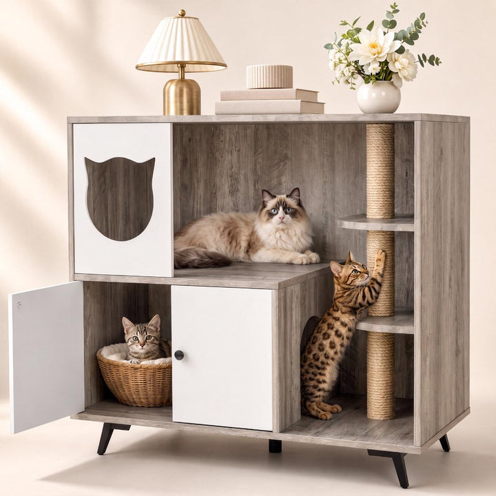 MAMIZO Katzenklo Schrank, 98x91x50CM Tragfähigkeit 50 KG, Hellgrau Hellgrau Holz, Hellgrau Holz