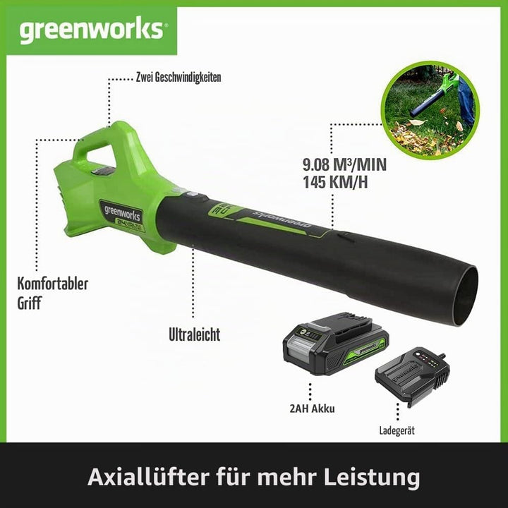 Greenworks G24ABIIK2 Axial Akku Laubbläser, 145 km/h, 9,08 m³/min 24V Akku &amp; Ladegerät, 3 Jahre Gara