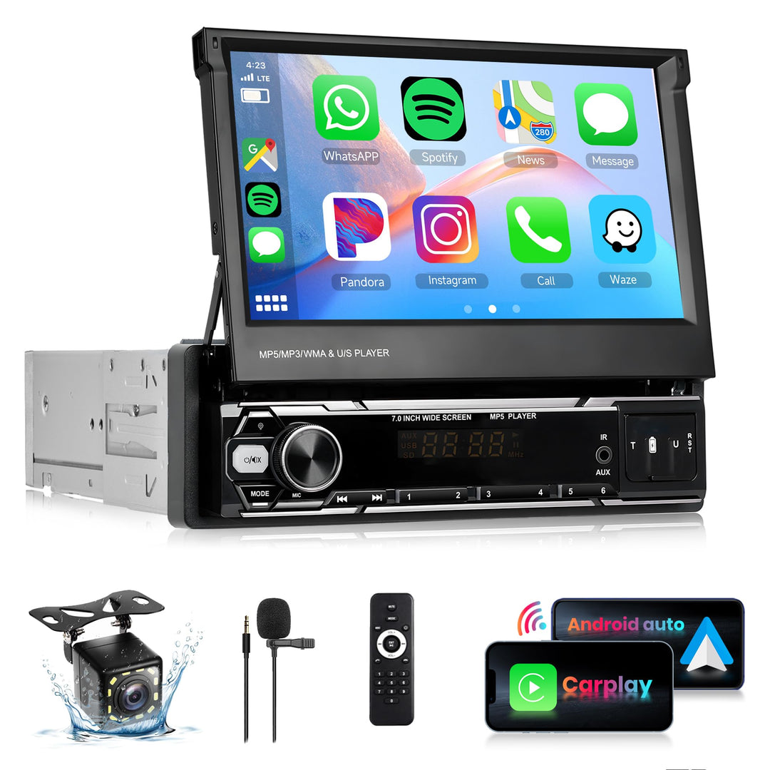 Rimoody Autoradio 1 Din Wireless Carplay Android Auto con 7 Pollici HD Touchscreen Manuell Einziehba
