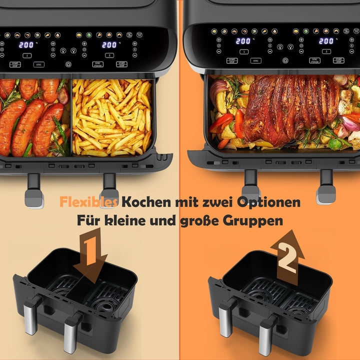 Heissluftfritteuse 2 Kammern Mit Sichtfenster 9L Airfryer 2 Fächer 9-In-1 Touchscreen Antihaftbeschi