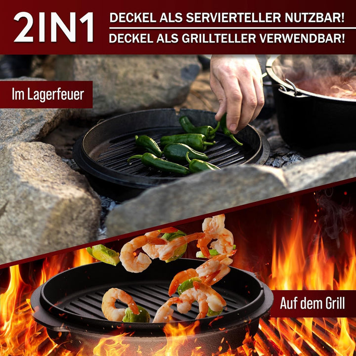 Dutch Oven Set [7L] - Eingebrannter Feuertopf mit praktischem Deckelheber und Füssen, 7 Liter