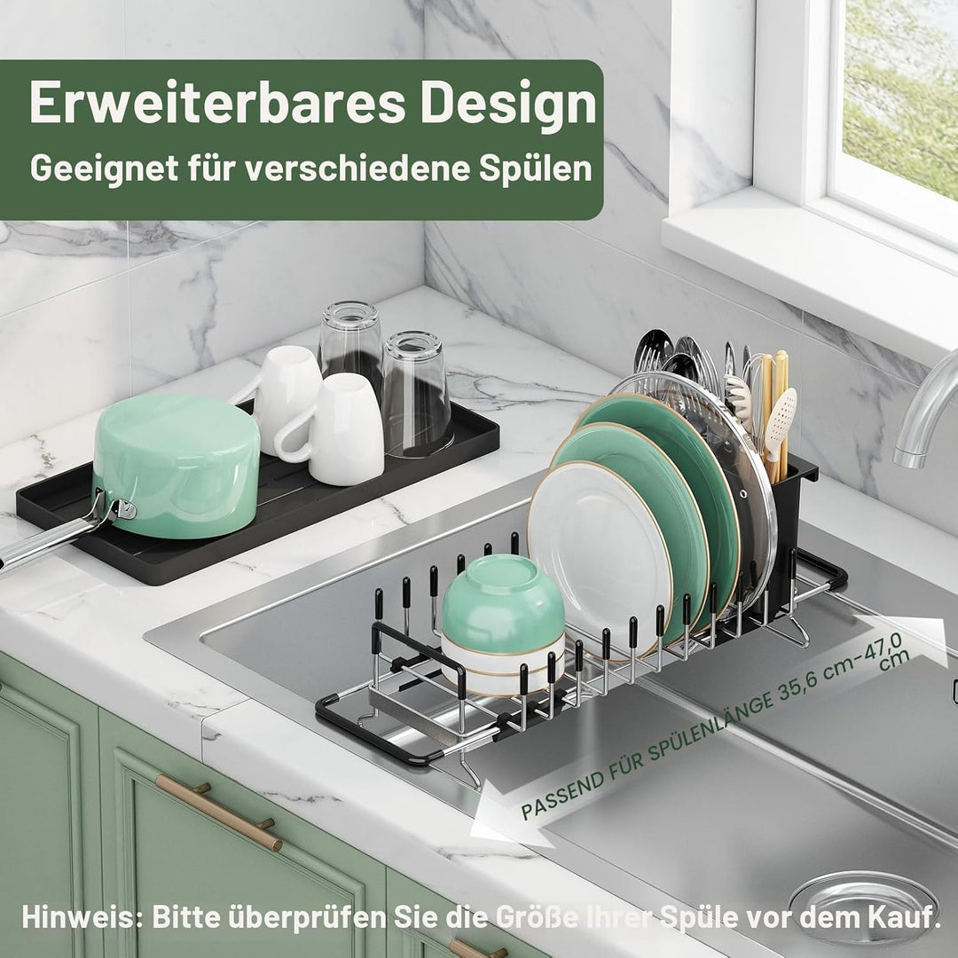 Aufworld Erweiterbarer Geschirrtrockner aus 304 Edelstahl (rostfrei) – Mit Silikon-Abtropfschale &amp; B