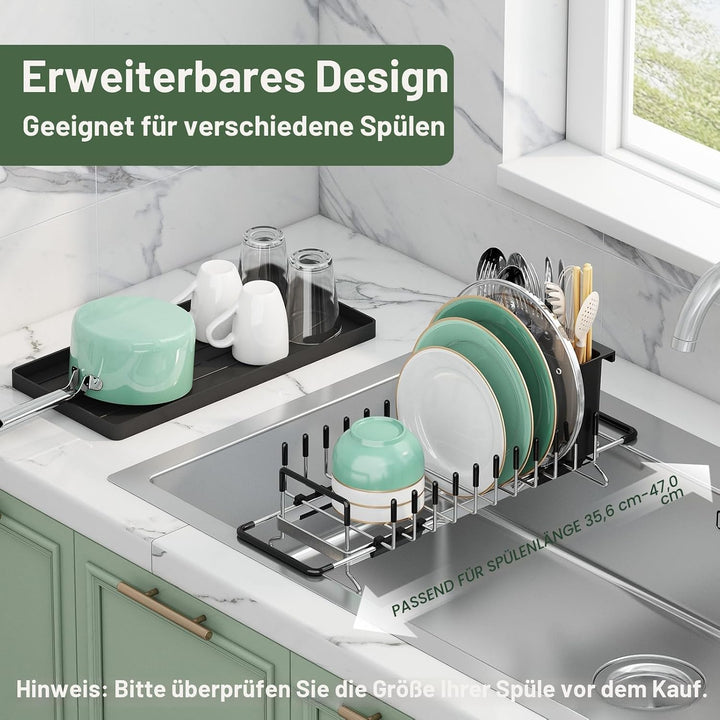 Aufworld Erweiterbarer Geschirrtrockner aus 304 Edelstahl (rostfrei) – Mit Silikon-Abtropfschale &amp; B