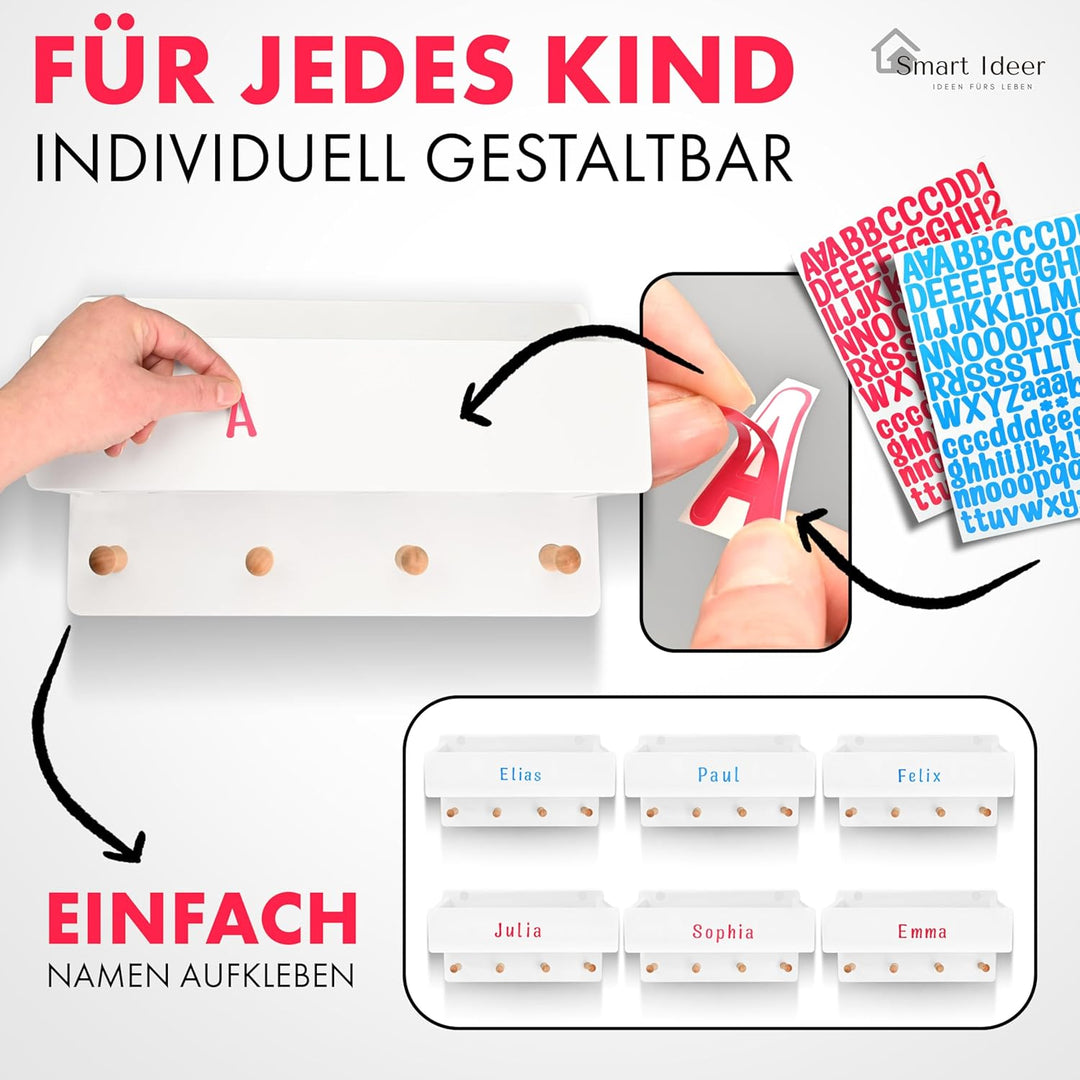 Smart Ideer - Kindergarderobe mit Ablage - Individuell mit selbstklebenden Buchstaben - Wandgarderob