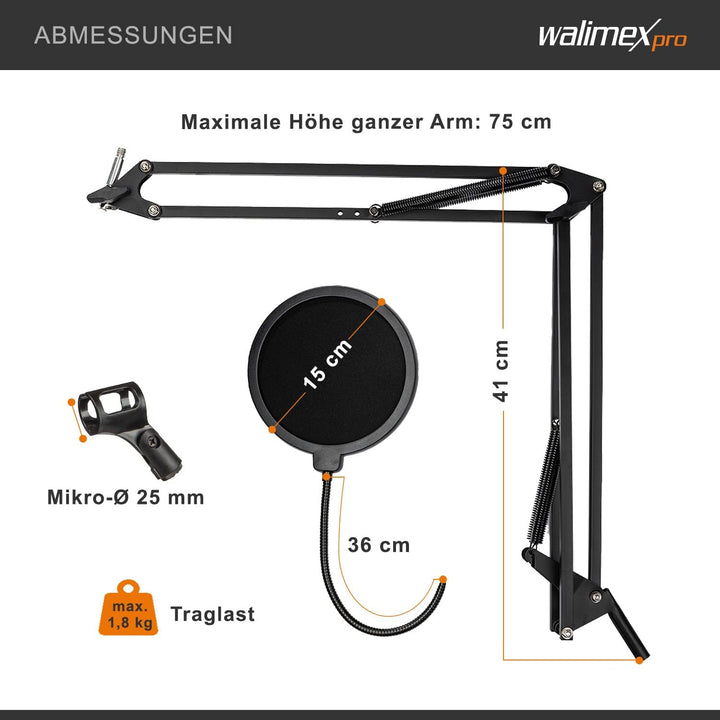 Walimex pro Mikrofon Arm mit 3/8" bis 5/8" Adapter, einstellbare Mikrofon Halterung mit Pop Schutz,