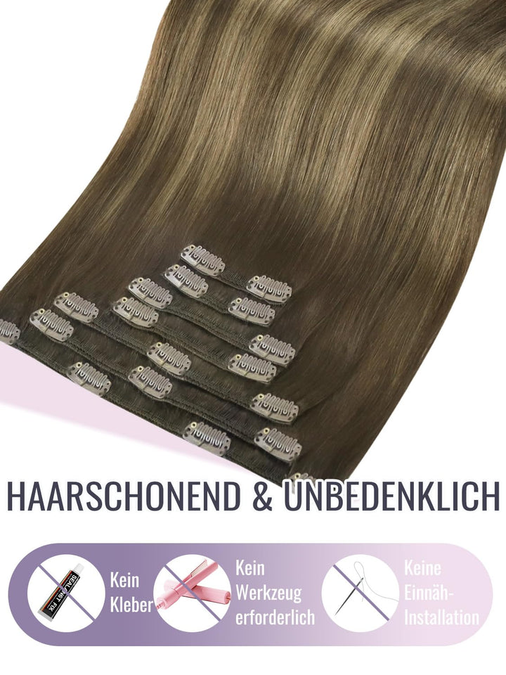 Fshine Echthaar Extensions Clip, 40cm 16 Zoll 120g 7 Stück BalayageSchokolade Braun Mxied Karamell B