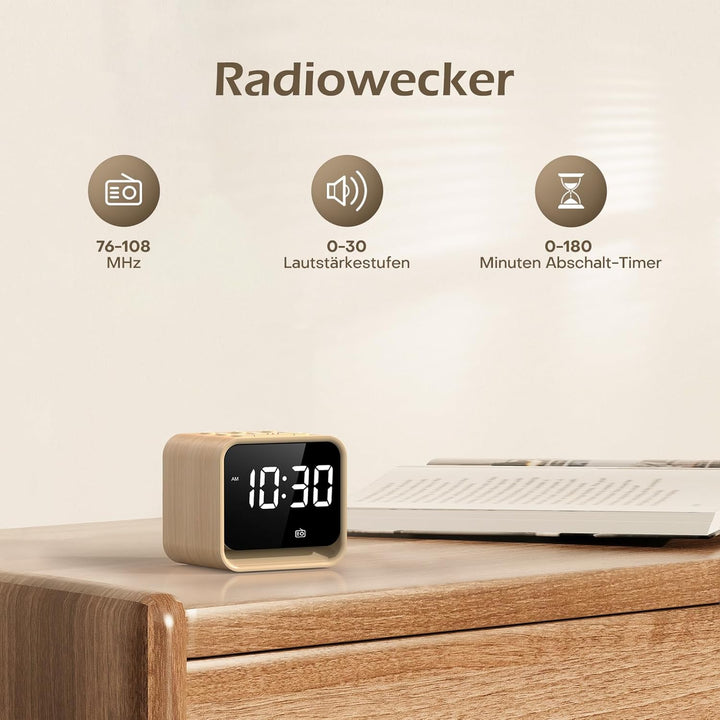 REACHER Radiowecker für das Schlafzimmer, Digitale FM Radiouhr mit Weissrausch-Soundmaschine, 9 Alar