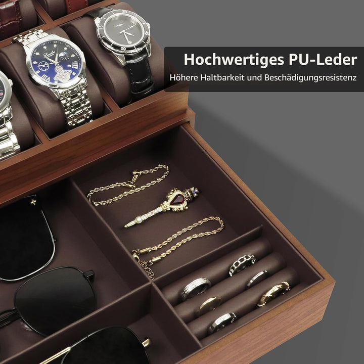 KAMIER Edle Uhrenbox Herren mit 10 Fächern, 2 Ebenen, Acryl-Deckel, Schublade &amp; herausnehmbaren Kiss