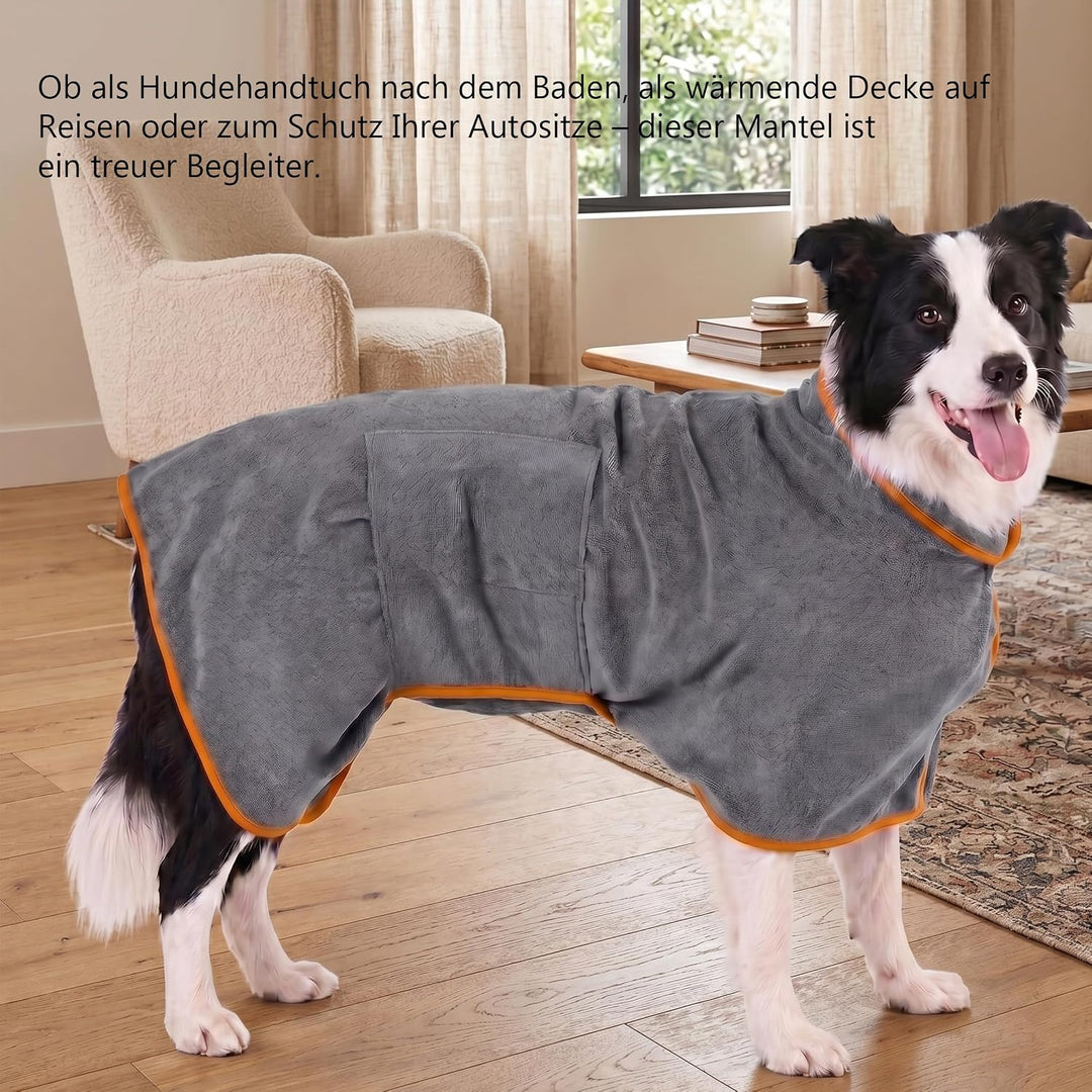 Hundebademantel Mikrofaser mit Klettverschluss saugstark Grau mit orangefarbenem Rand M, Grau mit or