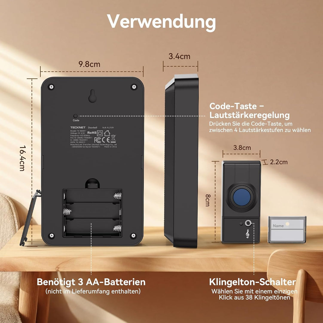 TECKNET Funkklingel, Batteriebetriebenes Lautes Kabelloses Klingel Set Schwarz, Schwarz