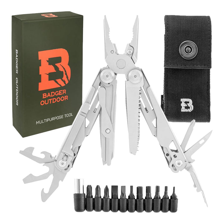 Badger Outdoor Solid Multitool 16in1, Edelstahl Taschenmesser Set Silber, Silber