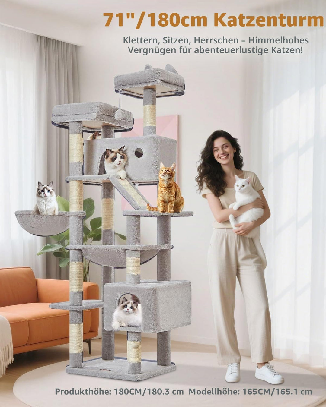 Taoqimiao 180CM Kratzbaum Gross, Katzenbaum Katzen Kratzbaum Grosse Katzen Stabil mit 2 Katzenhaus,