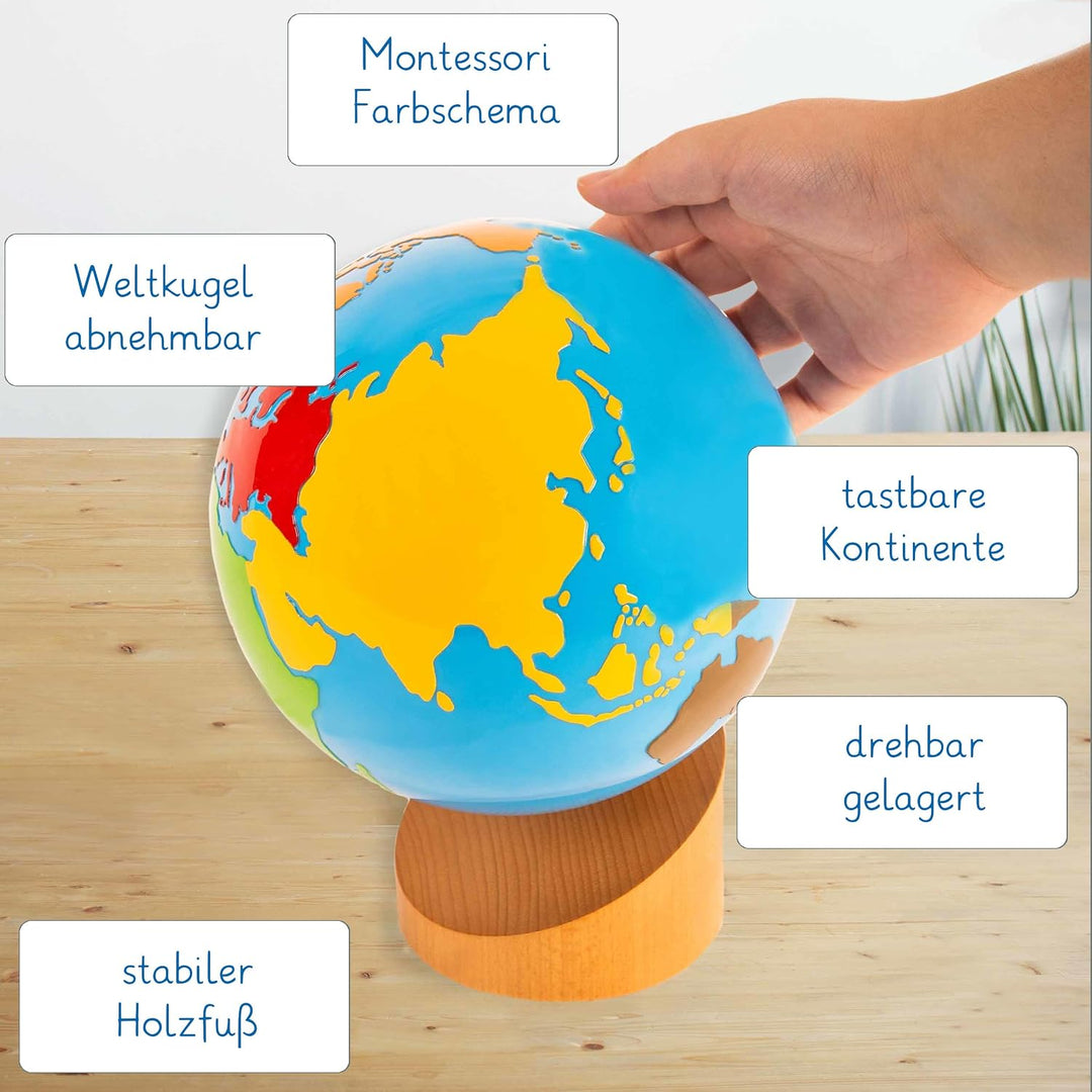 Globus mit farbigen Erdteilen, Montessori-Material zum Kennenernen der Erde
