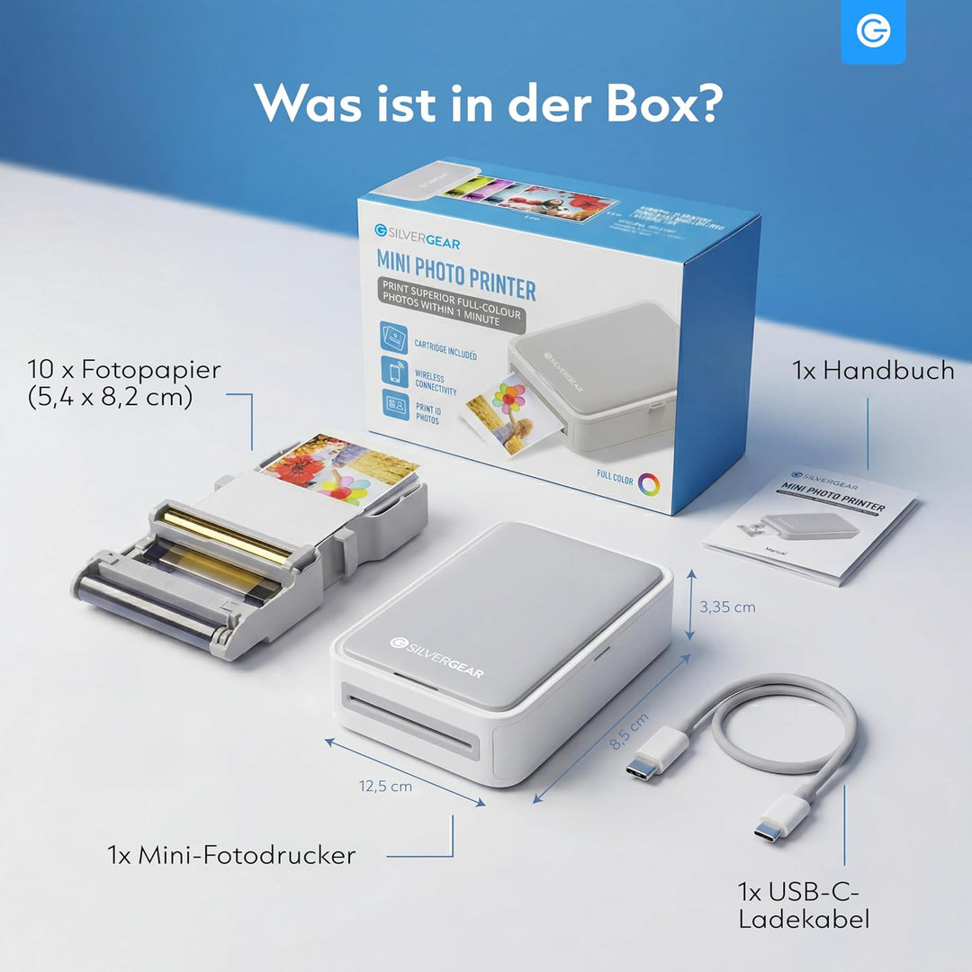 Silvergear® Fotodrucker für Smartphone | Mini Drucker Bluetooth mit App | iOS &amp; Android | 300dpi Sof
