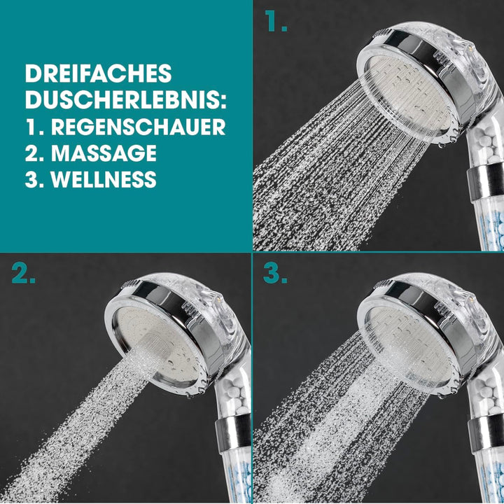 EASYmaxx Wellness-Duschkopf mit Mineralperlen &amp; 3 Wasserstrahl-Modi | Spart 30% Wasser bei ca. 50% m