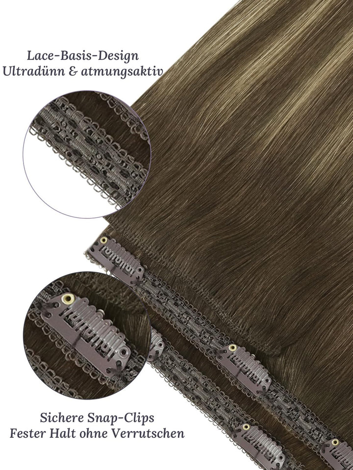 Fshine Echthaar Extensions Clip, 40cm 16 Zoll 120g 7 Stück BalayageSchokolade Braun Mxied Karamell B