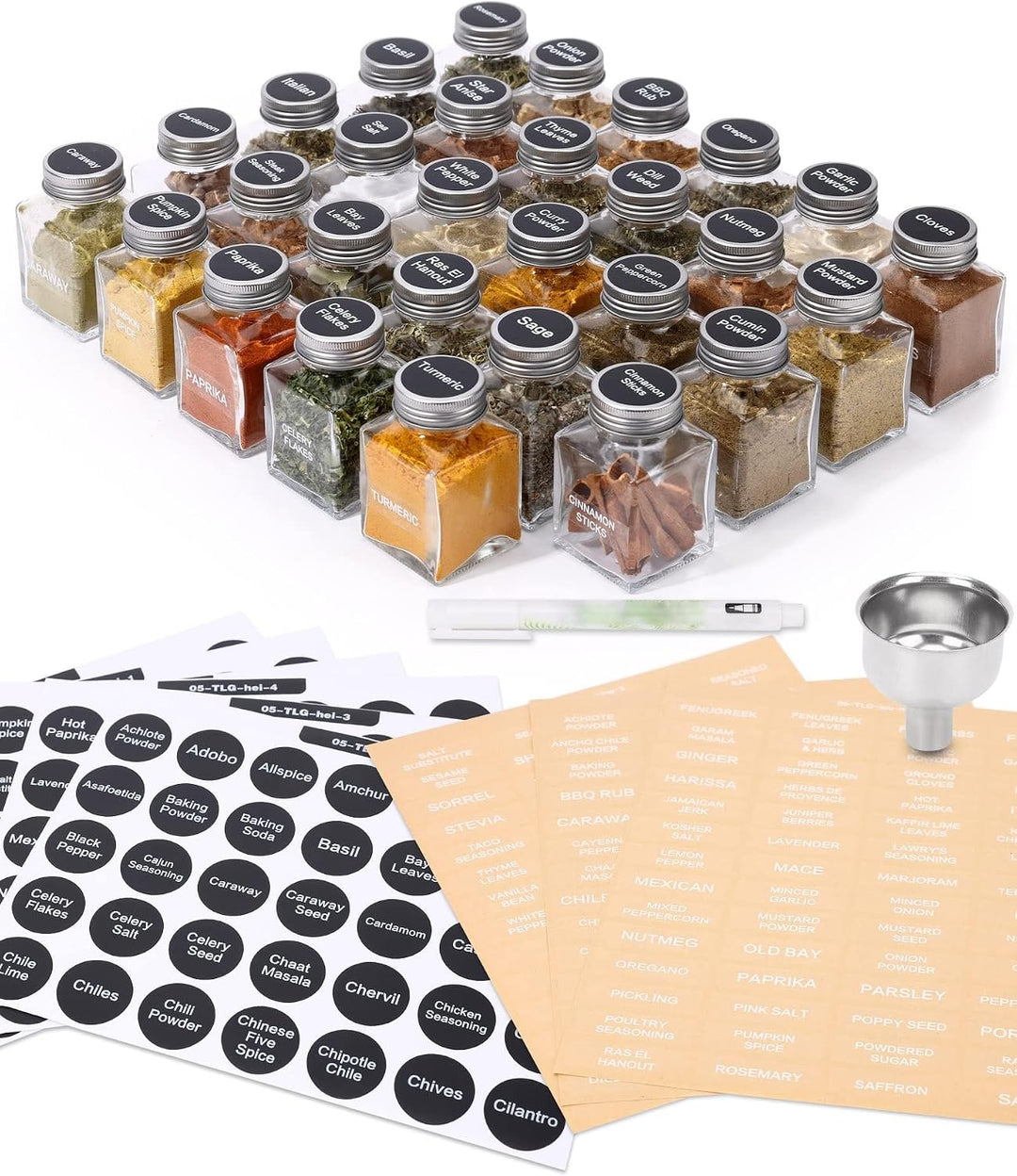 MIUKAA 29er Gewürzgläser Eckig Set mit Etiketten, 130ml Personalisierter Gewürzdosen, Klare Gewürzbe