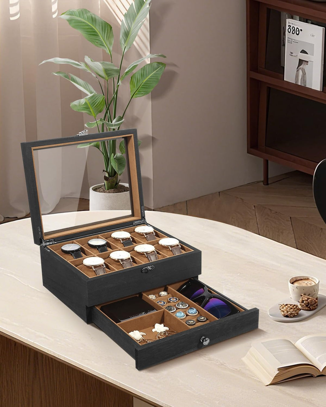 Uten Uhrenbox mit 2 Ebenen, 8 Fächern und 1 Schublade, aus Massivholz Kaffeefarbenes Futter – 8 Quad