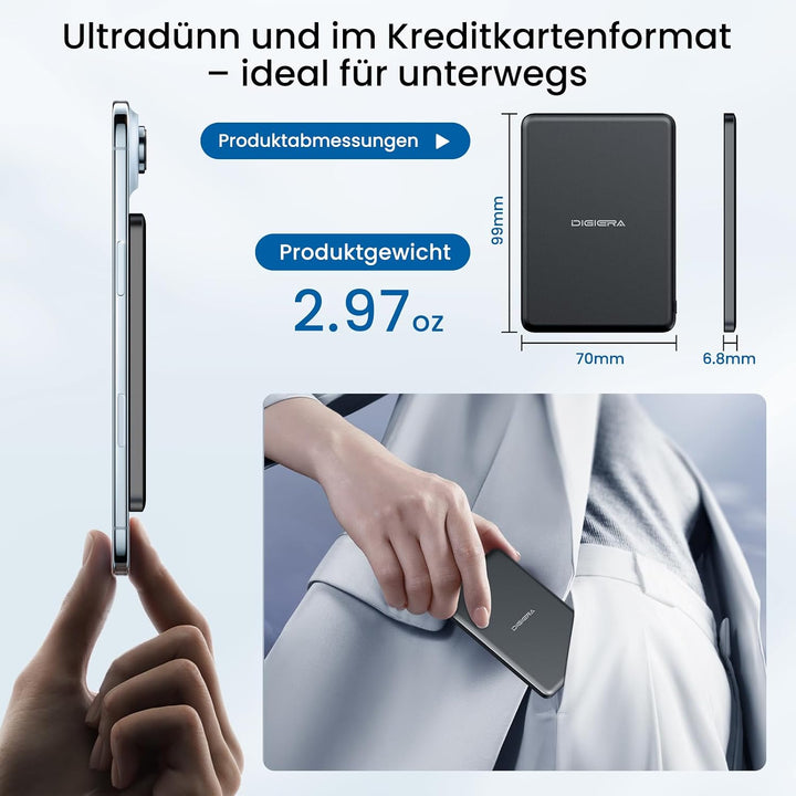 DIGIERA Ultra Slim Powerbank, 5000 mAh magnetisches kabelloses Ladegerät, mit Schnellladefunktion üb