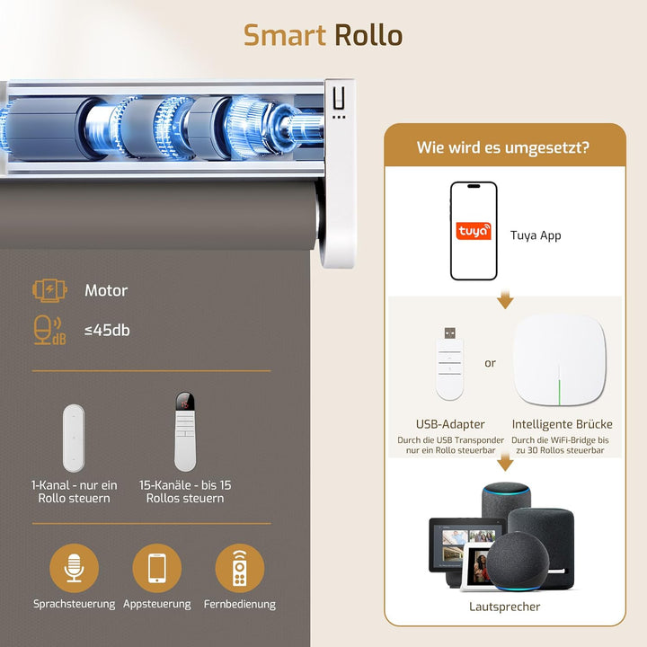 Grandekor Elektrische Rollos mit Lithiumbatterie,Elektrisches Verdunklungsrollo mit Motor &amp; Fernbedi