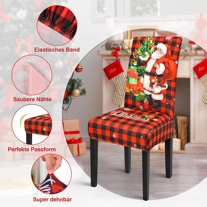 Yugarlibi Weihnachten Stretch Stuhlhussen 6er Set Weihnachtsmann Stuhlbezug Schwingstuhl Universal E