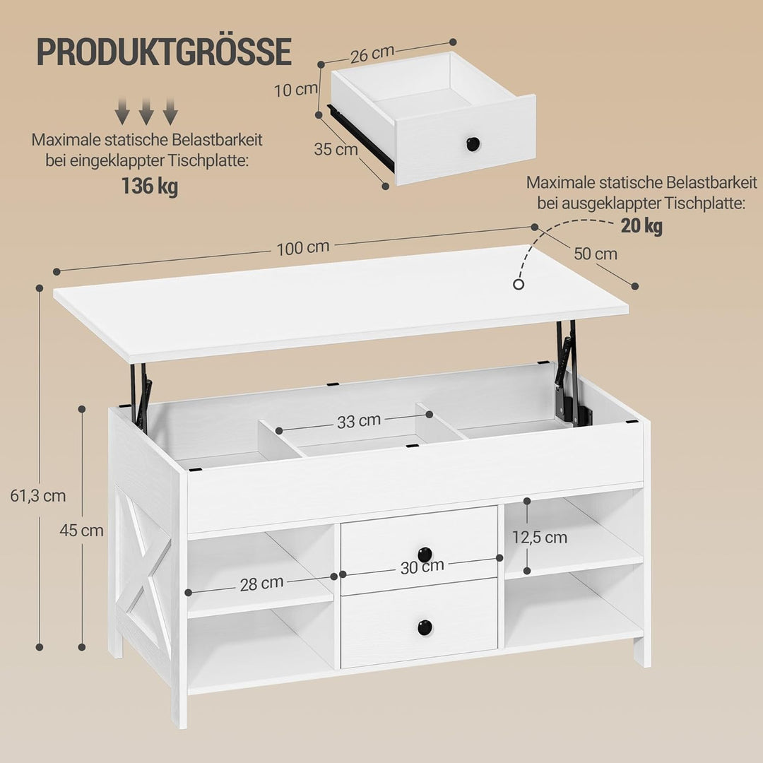 Hzuaneri Couchtisch, höhenverstellbarer Wohnzimmertisch, Sofatisch, 2 Schubladen und Versteckter Sta