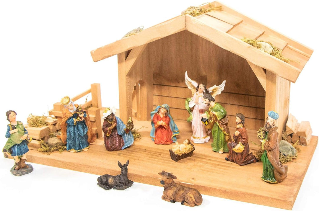 mgc24 Weihnachtskrippe Tischkrippe aus Holz, komplett mit 11 Krippenfiguren handbemalt,