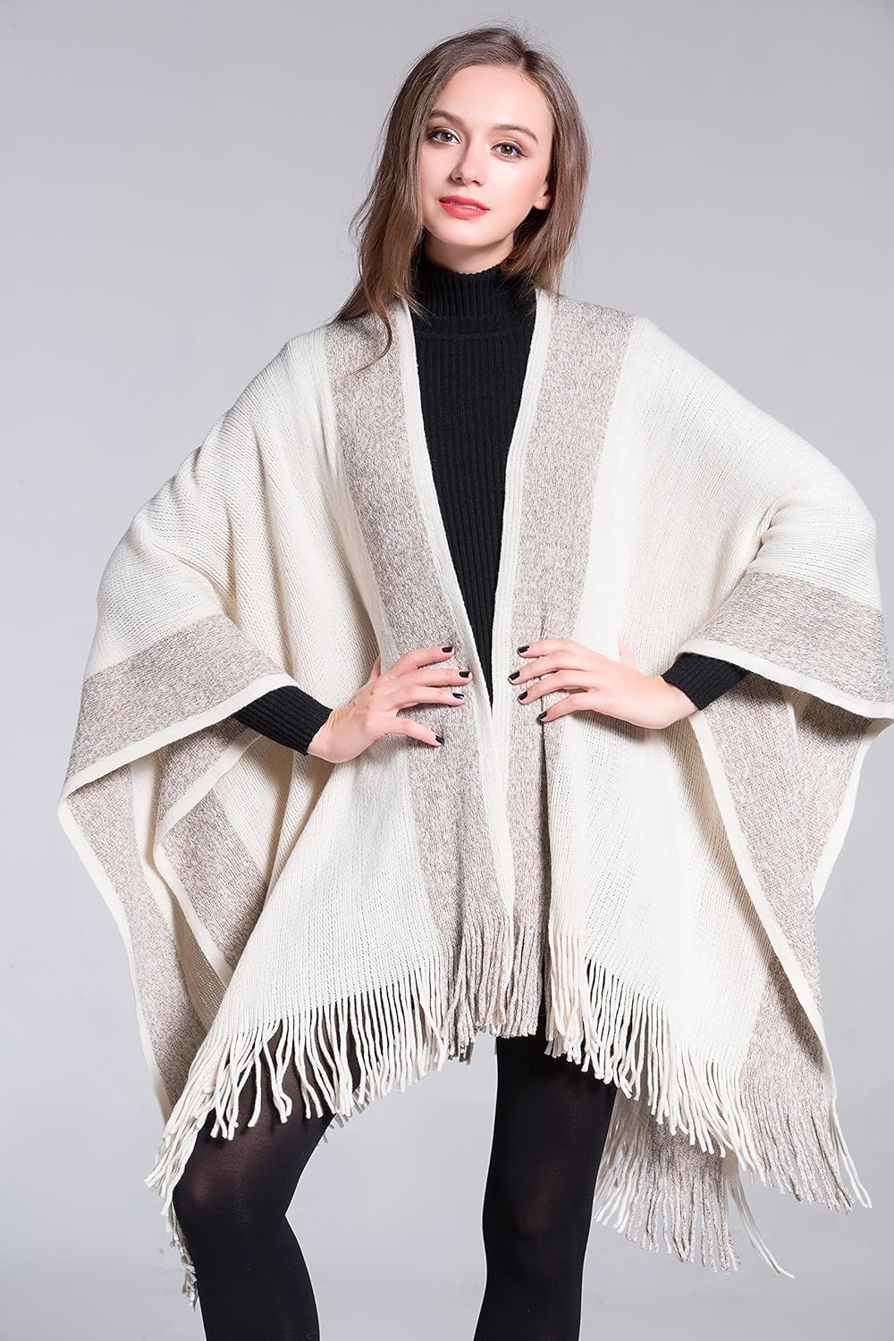 ZLYC Damen Weiche Schlichte Poncho Capes Retro Cardigans Pullover Khaki, Khaki