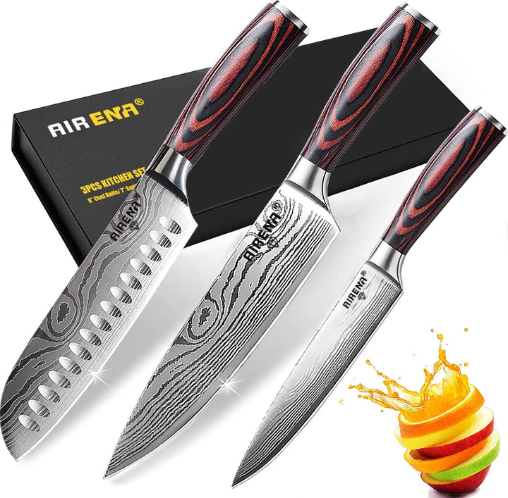 AIRENA Küchenmesser Set,3-tlg Messerset aus hochwertigem Carbon Edelstahl, Profi Messer set mit 8" K