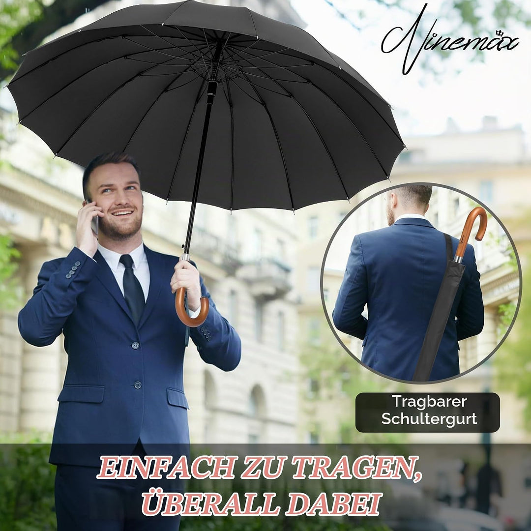 NINEMAX Regenschirm Stockschirm Sturmfest für Herren Damen, Grosser Regenschirm Holzgriff, Classic S