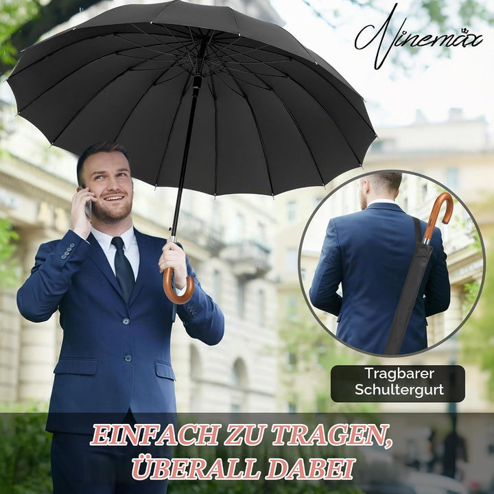NINEMAX Regenschirm Stockschirm Sturmfest für Herren Damen, Grosser Regenschirm Holzgriff, Classic S